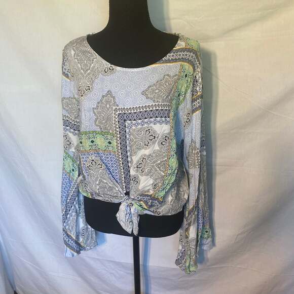 Altar'd State Tops - Altar'd State Blue Multi Boho Style Tie Front‎ Long Bell Sleeves Crop Top